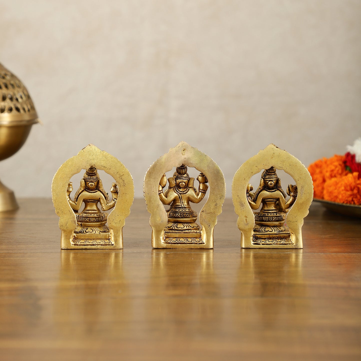 Small Pure Brass Ganesha Lakshmi Saraswati Idols with Prabhavali - 3 Inch