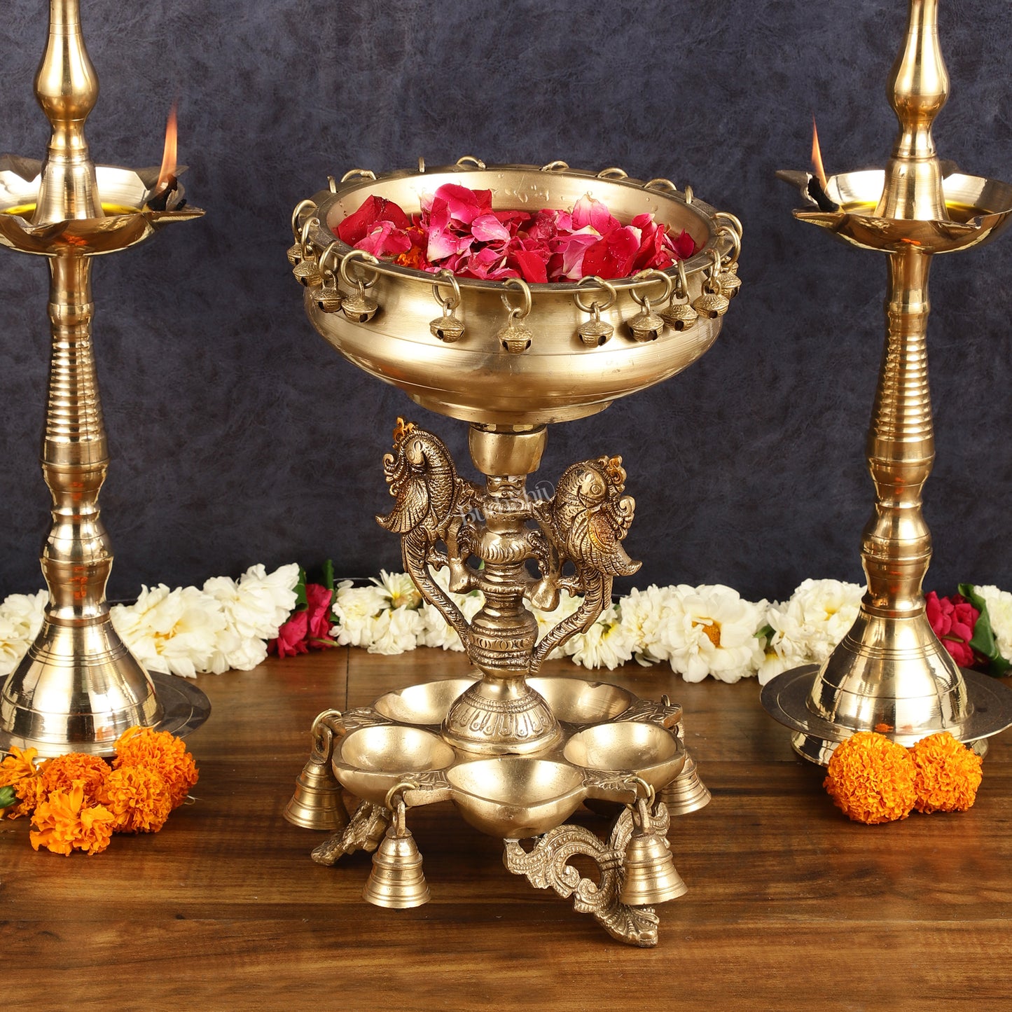 Pure Brass Urli with Stand Diyas | 13 Inch