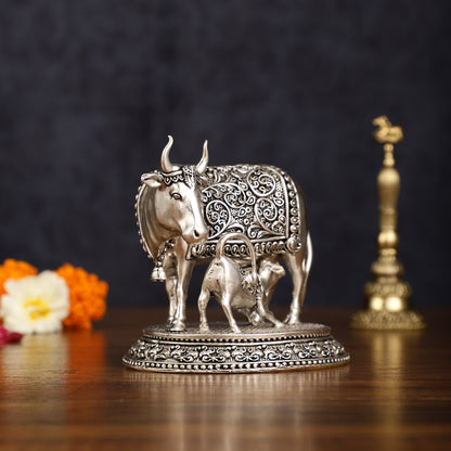 Pure Brass Silver Plated Kamdhenu Cow with Calf Idol - 4" Tall