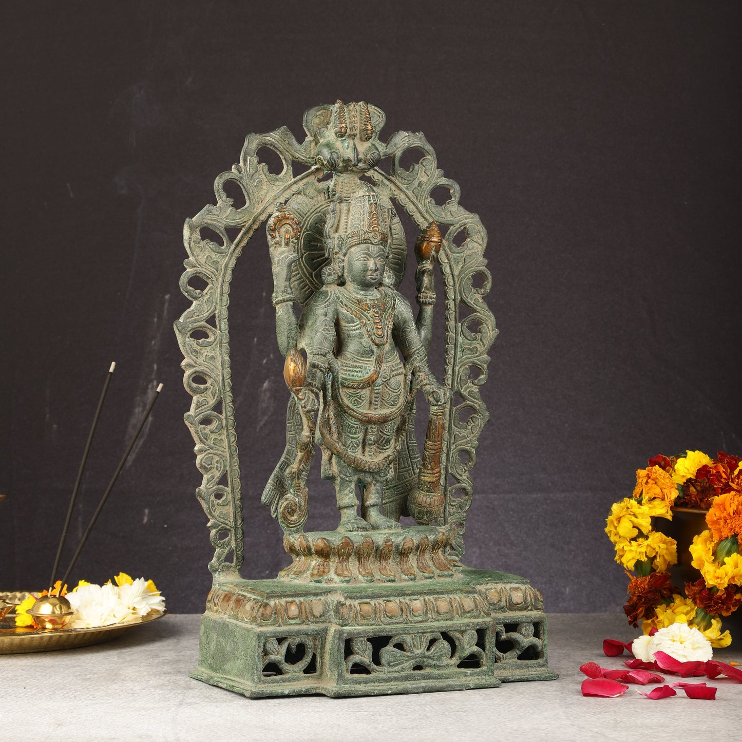 Antique Brass Standing Lord Vishnu Statue with Prabhavali - 16 inch