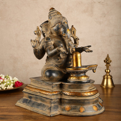 Pure Brass Ganapati with Shiv Ling Statue | Vintage Patina | 14 Inch