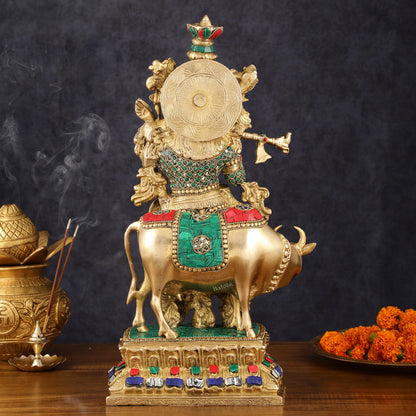 Handcrafted Lord Krishna with Cow Brass Statue - 17" Exquisite Sculpture