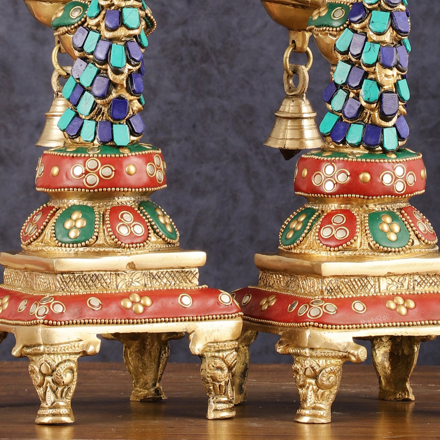 Pure Brass Peacock Diya with Meenakari Work - Pair, 11" Height