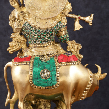 Handcrafted Lord Krishna with Cow Brass Statue - 17" Exquisite Sculpture