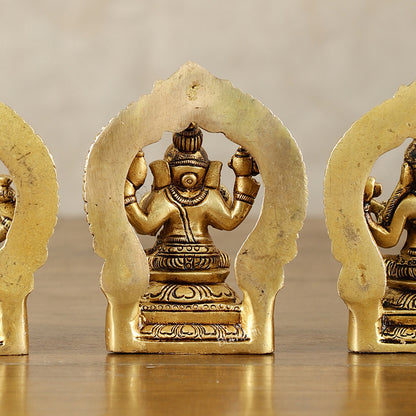 Small Pure Brass Ganesha Lakshmi Saraswati Idols with Prabhavali - 3 Inch