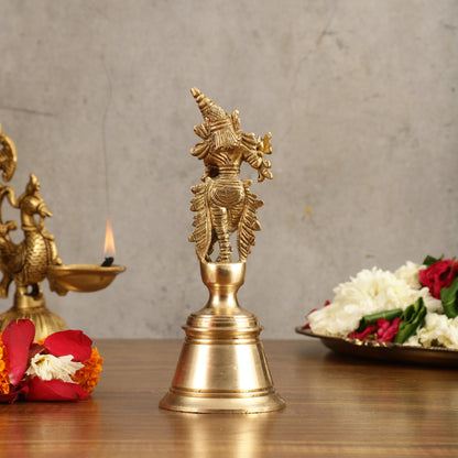 Pure Brass Handcrafted Hand Bell with Krishna - 7 in Height