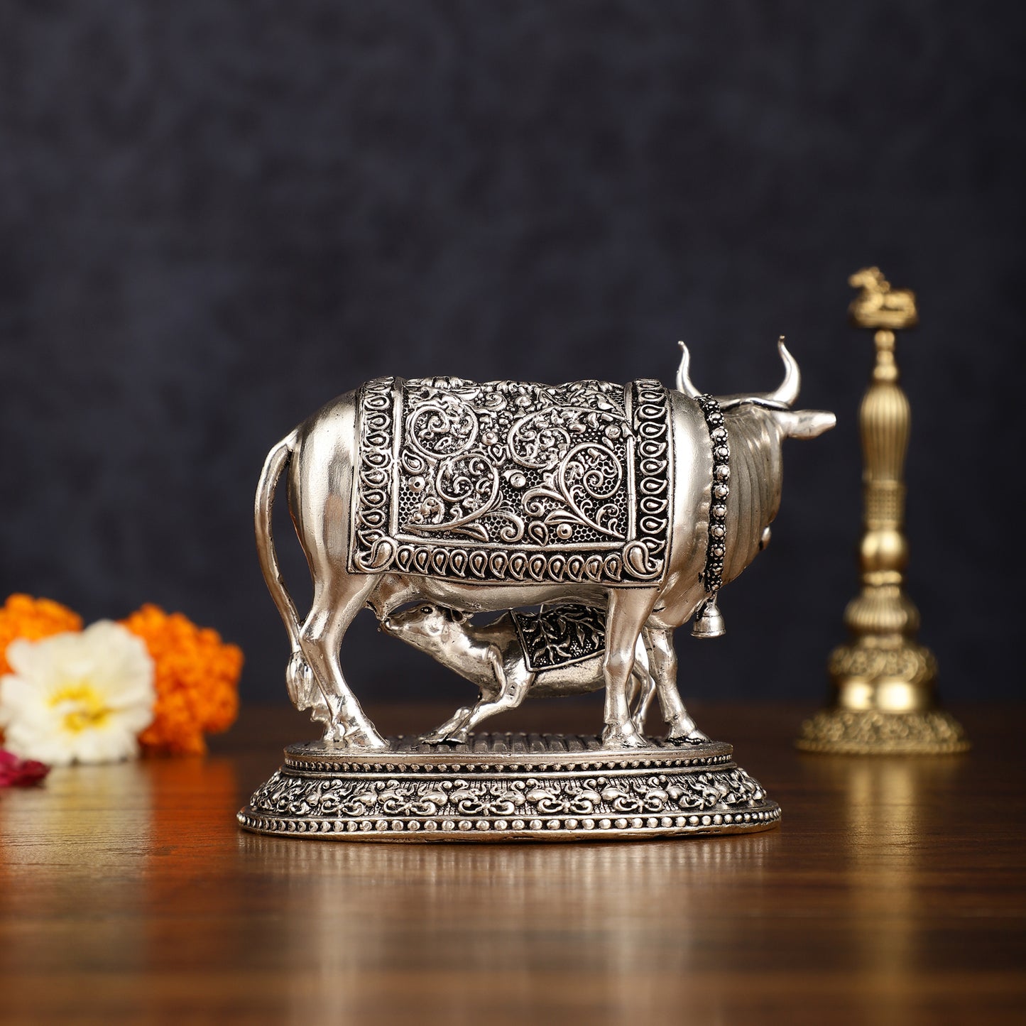 Pure Brass Silver Plated Kamdhenu Cow with Calf Idol - 4" Tall