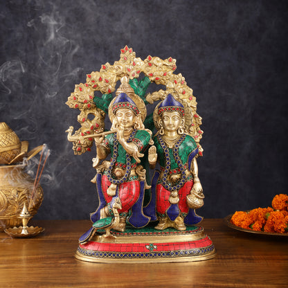 Elegant Brass Radha Krishna Idols with Kalpavriksha Tree & Peacock - 14" Meenakari Stonework