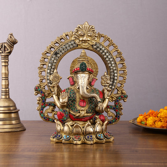 Pure Brass Ganesha Idol with Meenakari Stonework 9.5"