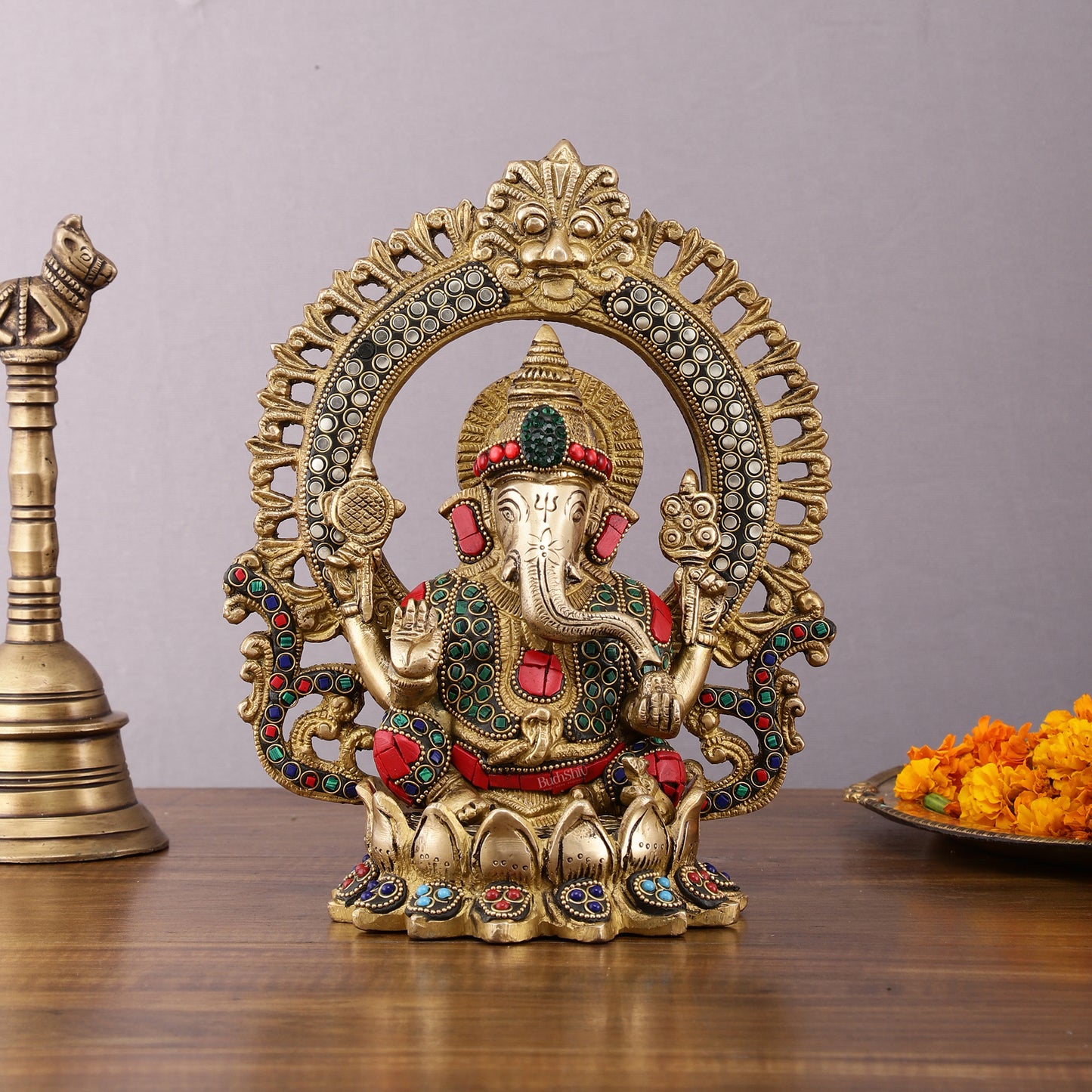 Brass Ganesha, Lakshmi, and Saraswati Idols with Meenakari Stonework 9.5"