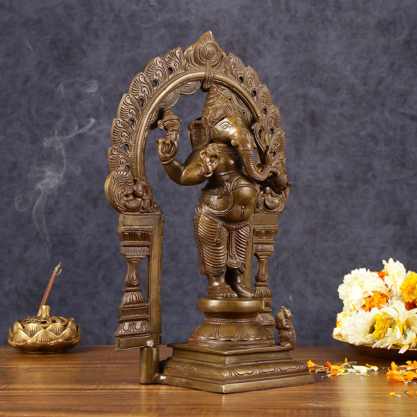 Antique Standing Ganapati Brass Statue with Prabhavali Arch | 14 inches