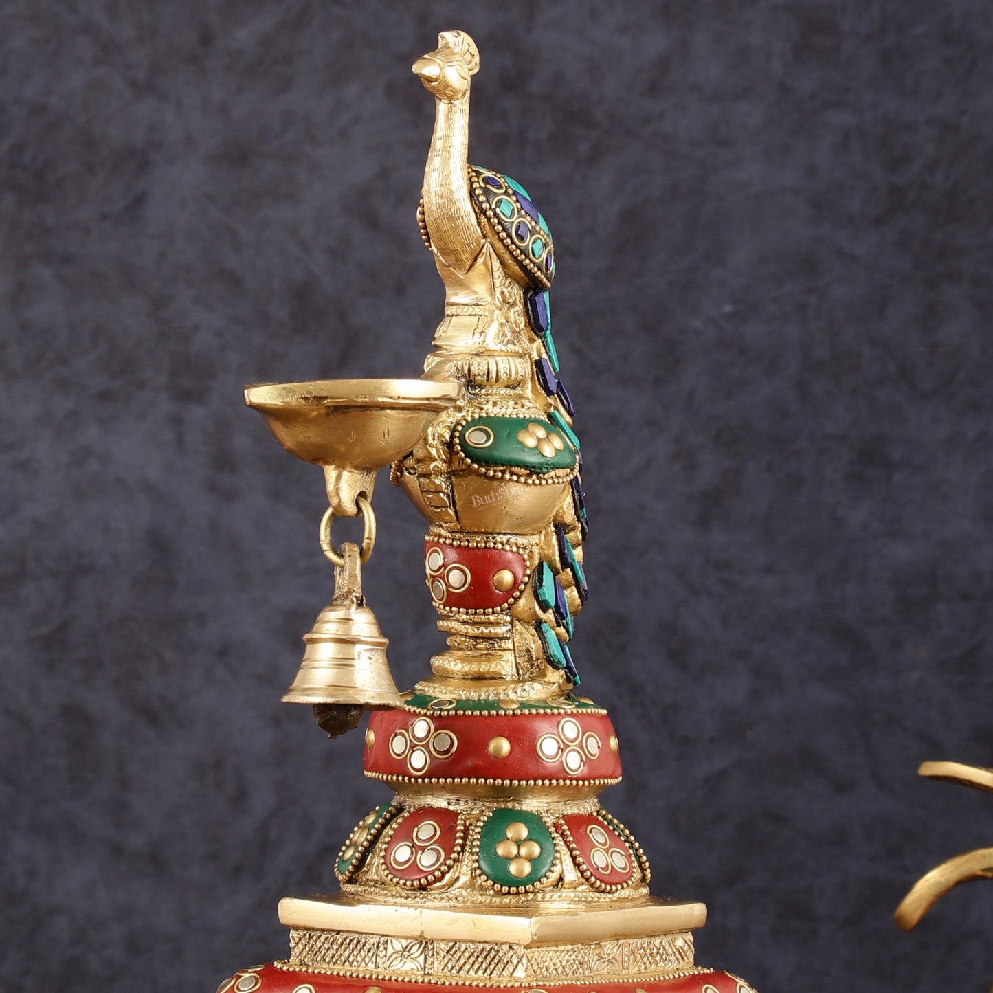 Pure Brass Peacock Diya with Meenakari Work -  11" Height