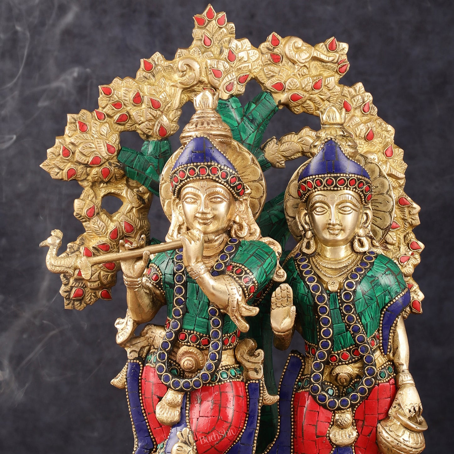 Elegant Brass Radha Krishna Idols with Kalpavriksha Tree & Peacock - 14" Meenakari Stonework