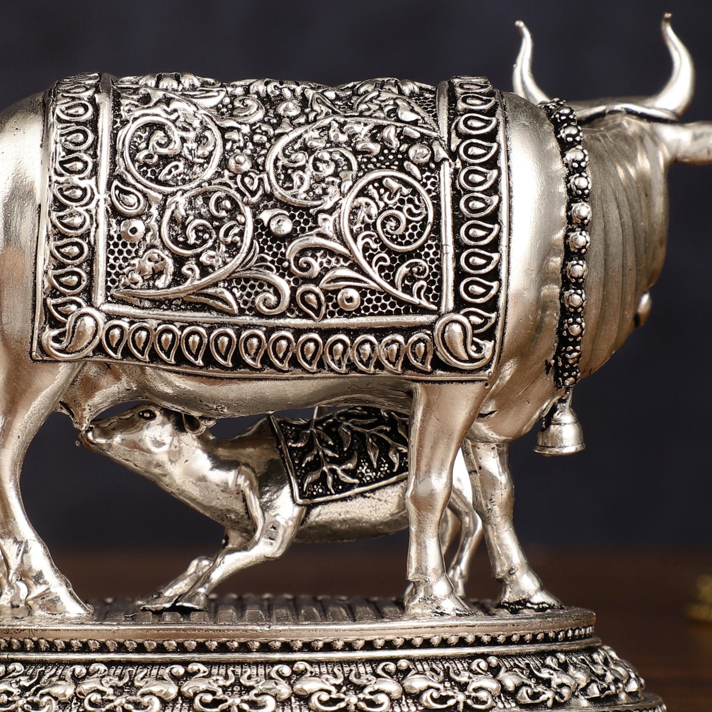 Pure Brass Silver Plated Kamdhenu Cow with Calf Idol - 4" Tall