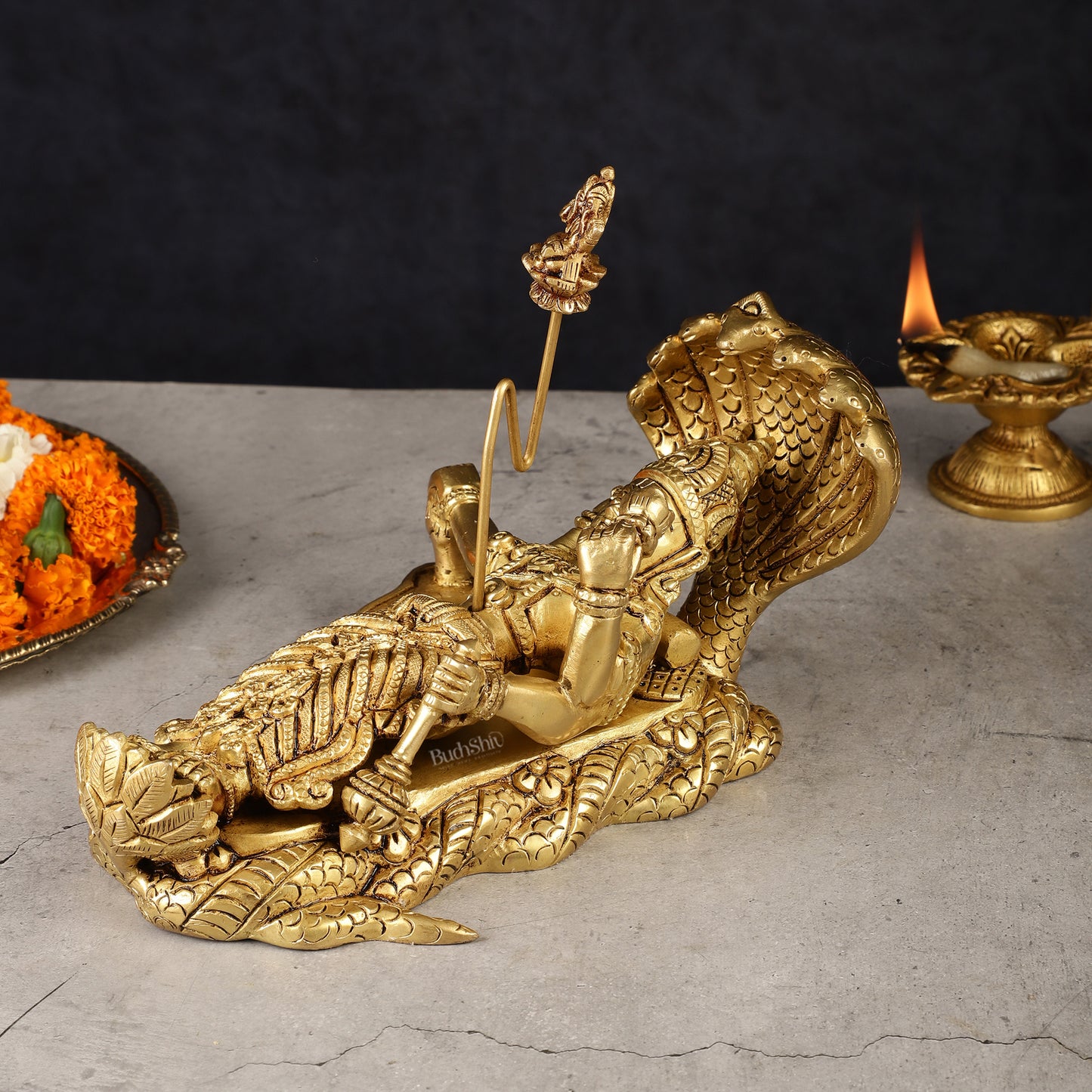 Brass Resting Vishnu with bhrama and Shiv ling