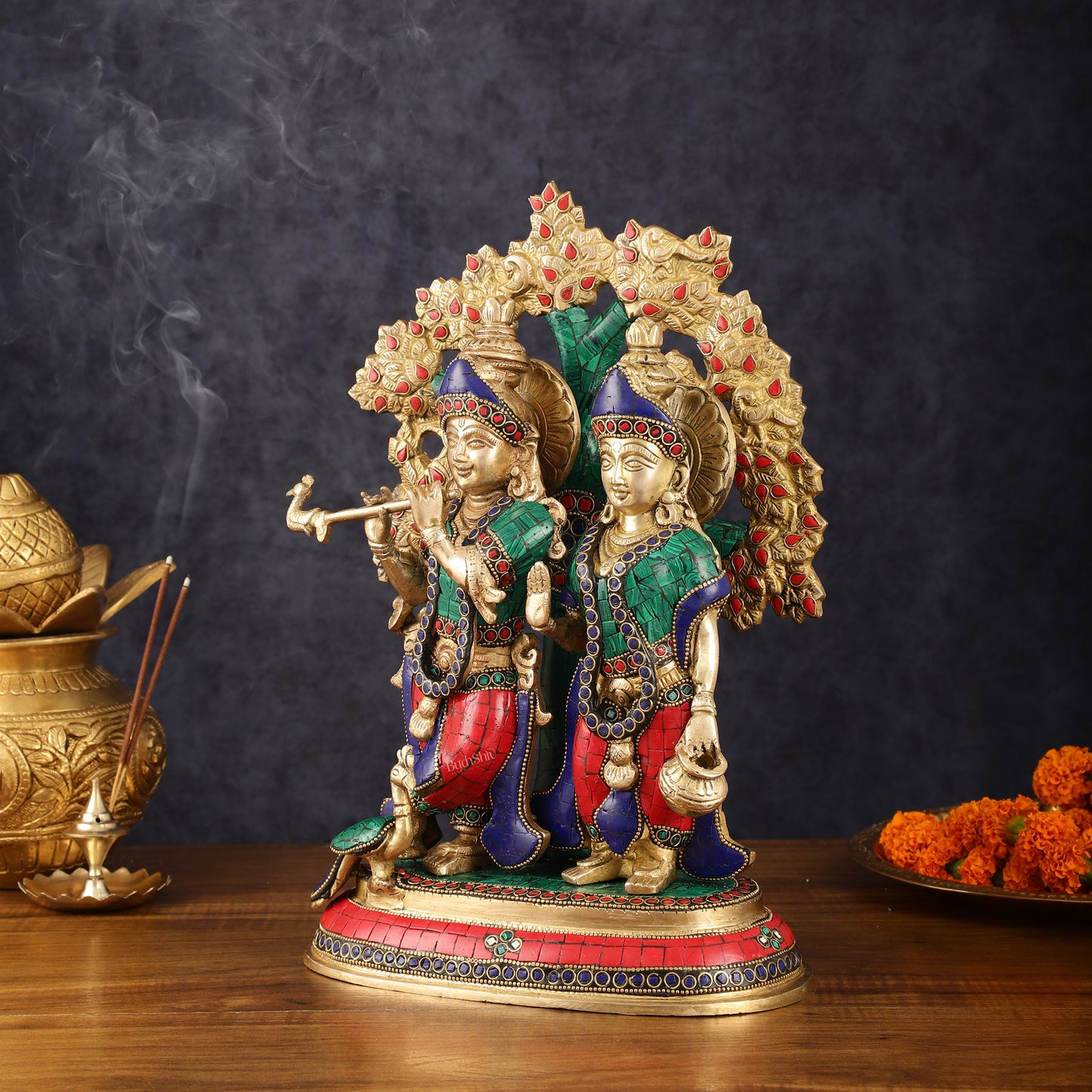 Elegant Brass Radha Krishna Idols with Kalpavriksha Tree & Peacock - 14" Meenakari Stonework