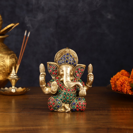 Handcrafted Pure Brass Ganesha Idol with Meenakari Artistry and Natural Stones, 5"