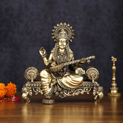 Brass Superfine Large Ganesha Lakshmi Saraswati Idol Set - 7 Inch