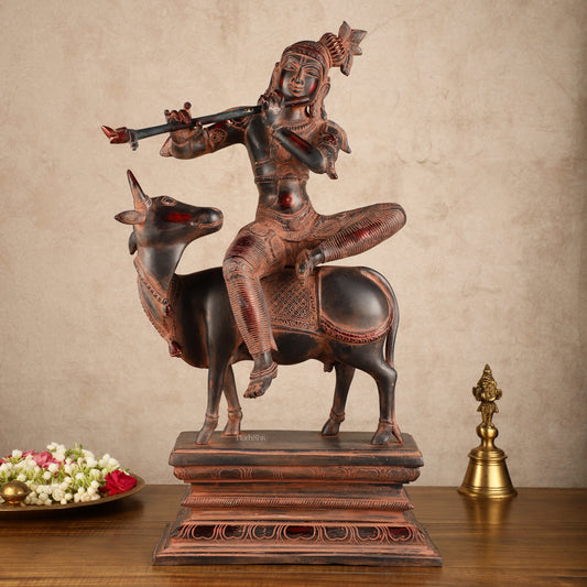 Brass Venugopal Krishna Seated on Cow Statue | 21x12.5x7.5 Inch