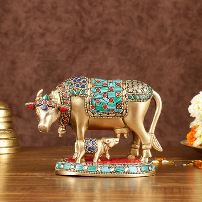 Brass Kamadhenu Cow with Calf Idol | Meenakari 6.5"