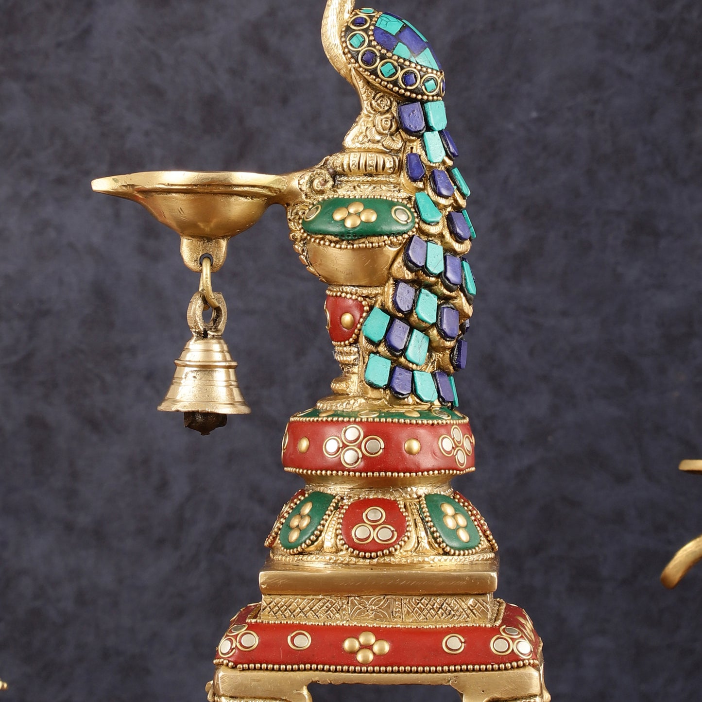 Pure Brass Peacock Diya with Meenakari Work -  11" Height