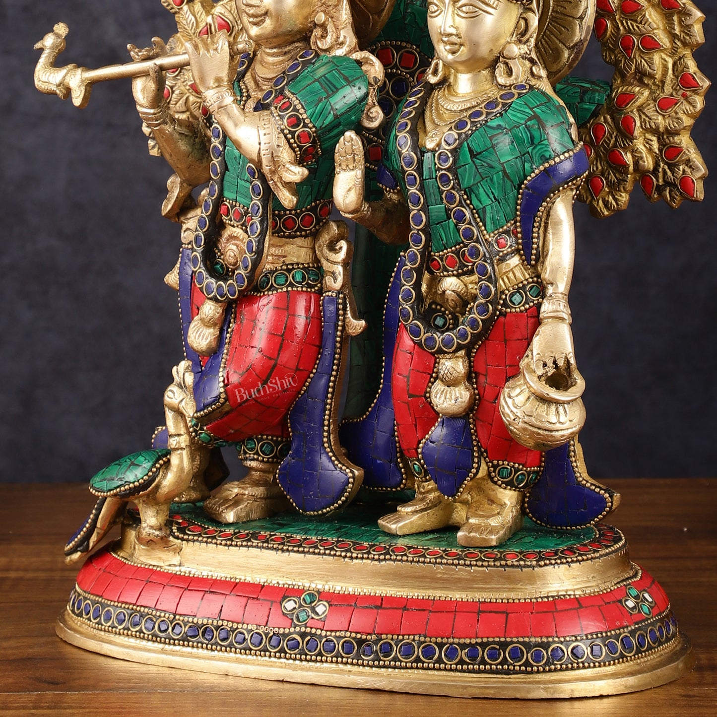 Elegant Brass Radha Krishna Idols with Kalpavriksha Tree & Peacock - 14" Meenakari Stonework