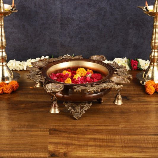 Elegant Pure Brass Urli with Diyas - 15"x15"x5.5" | Traditional Decor