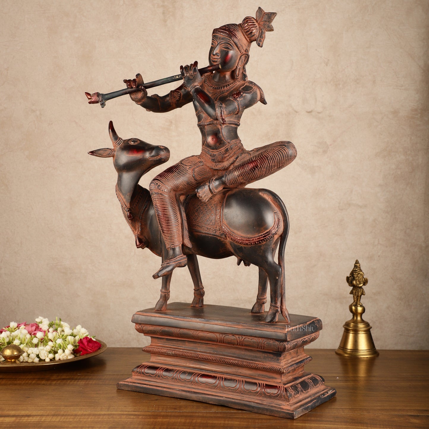 Brass Venugopal Krishna Seated on Cow Statue | 21x12.5x7.5 Inch