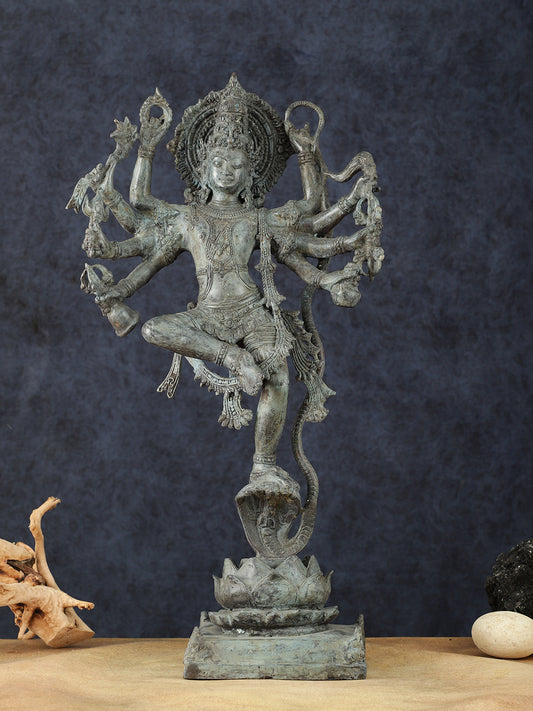 Balinese Bronze Dancing Krishna on Kaliya Naag Sculpture – 25" Height