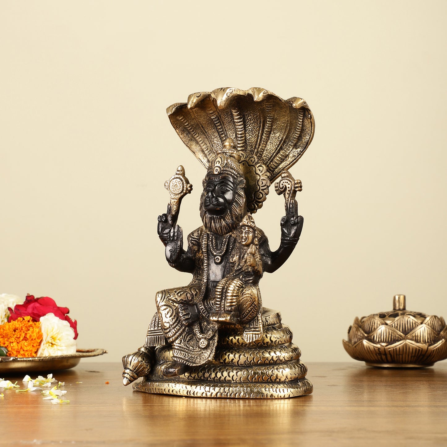 Handcrafted Pure Brass Narasimha Lakshmi Statue - 8"