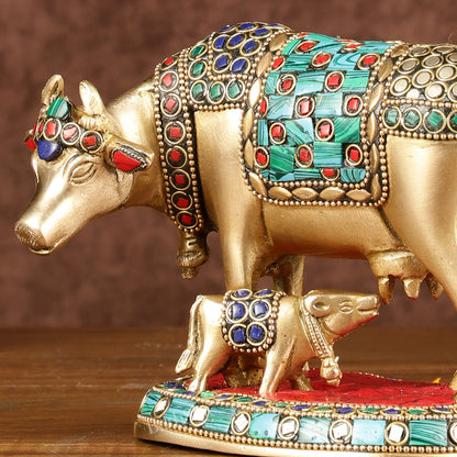 Brass Kamadhenu Cow with Calf Idol | Meenakari 6.5"