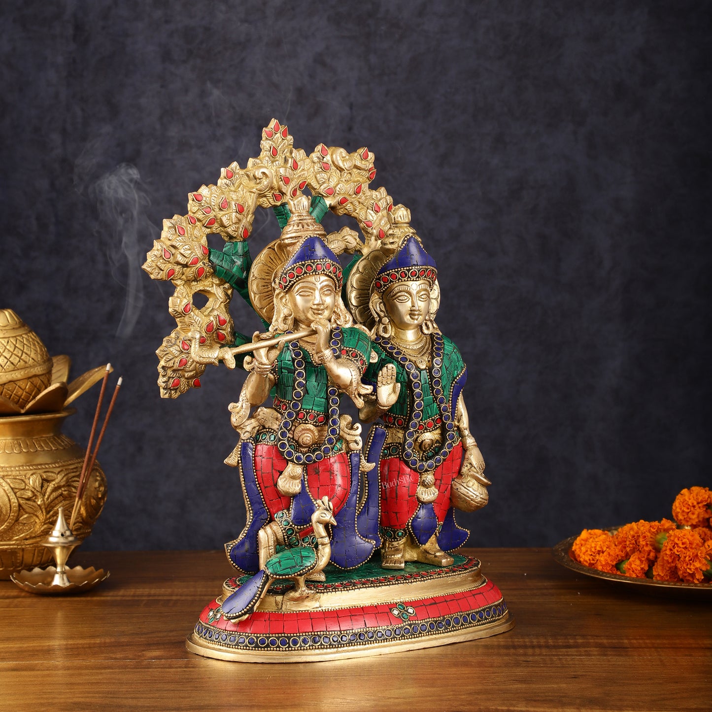 Elegant Brass Radha Krishna Idols with Kalpavriksha Tree & Peacock - 14" Meenakari Stonework