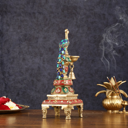 Pure Brass Peacock Diya with Meenakari Work -  11" Height