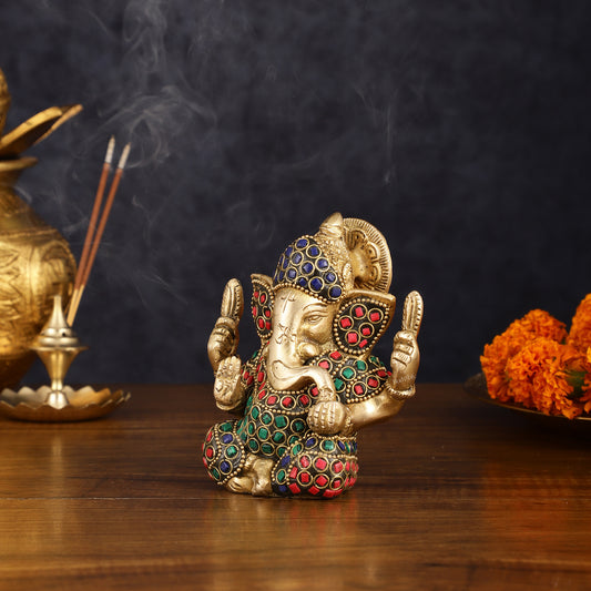 Handcrafted Pure Brass Ganesha Idol with Meenakari Artistry and Natural Stones, 5"