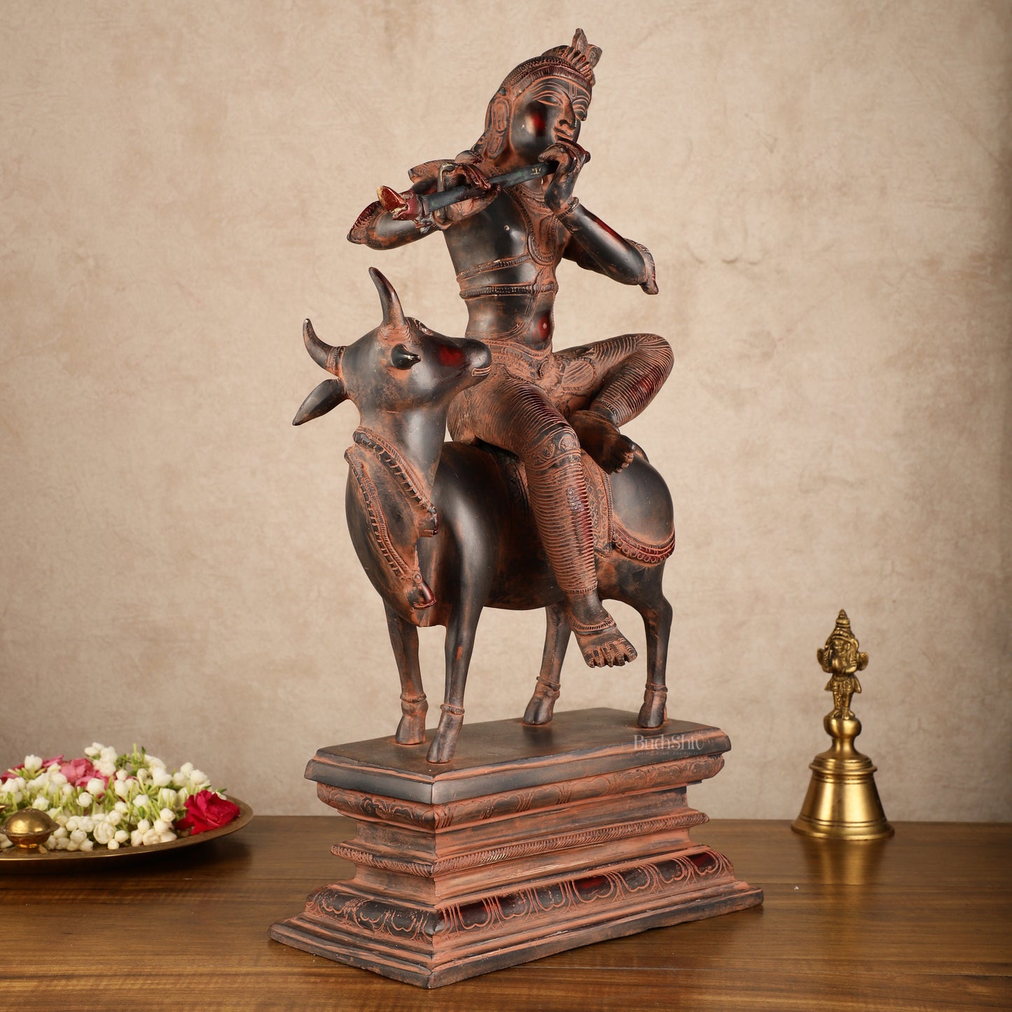 Brass Venugopal Krishna Seated on Cow Statue | 21x12.5x7.5 Inch