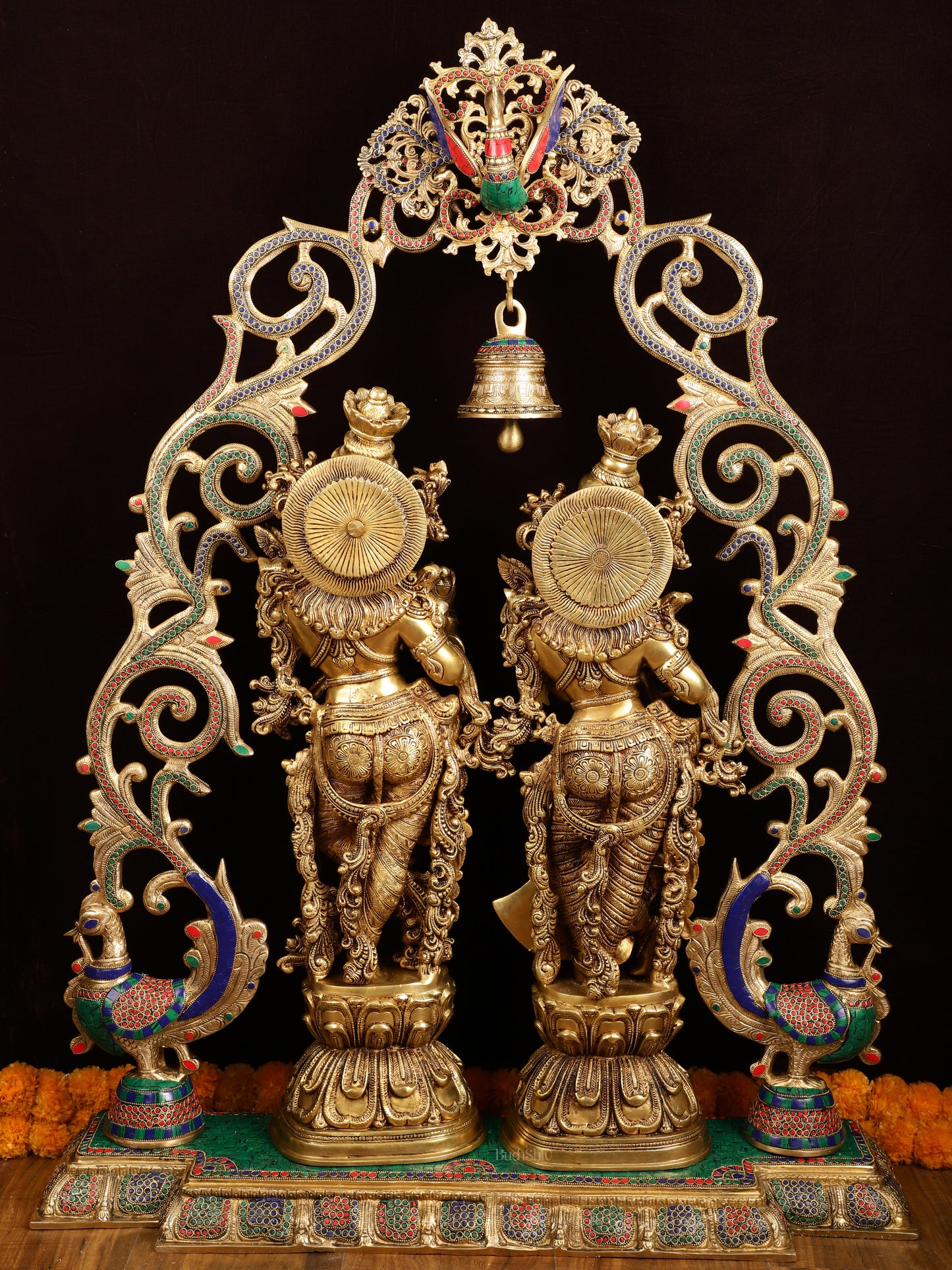 45" Contrasted Majestic Brass Radha Krishna with Peacock Temple Arch