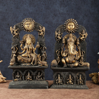 Brass Lord Ganesha and Goddess Lakshmi Statue Pair – 20" Height, Antique Chola Style, Dual-Tone Finish