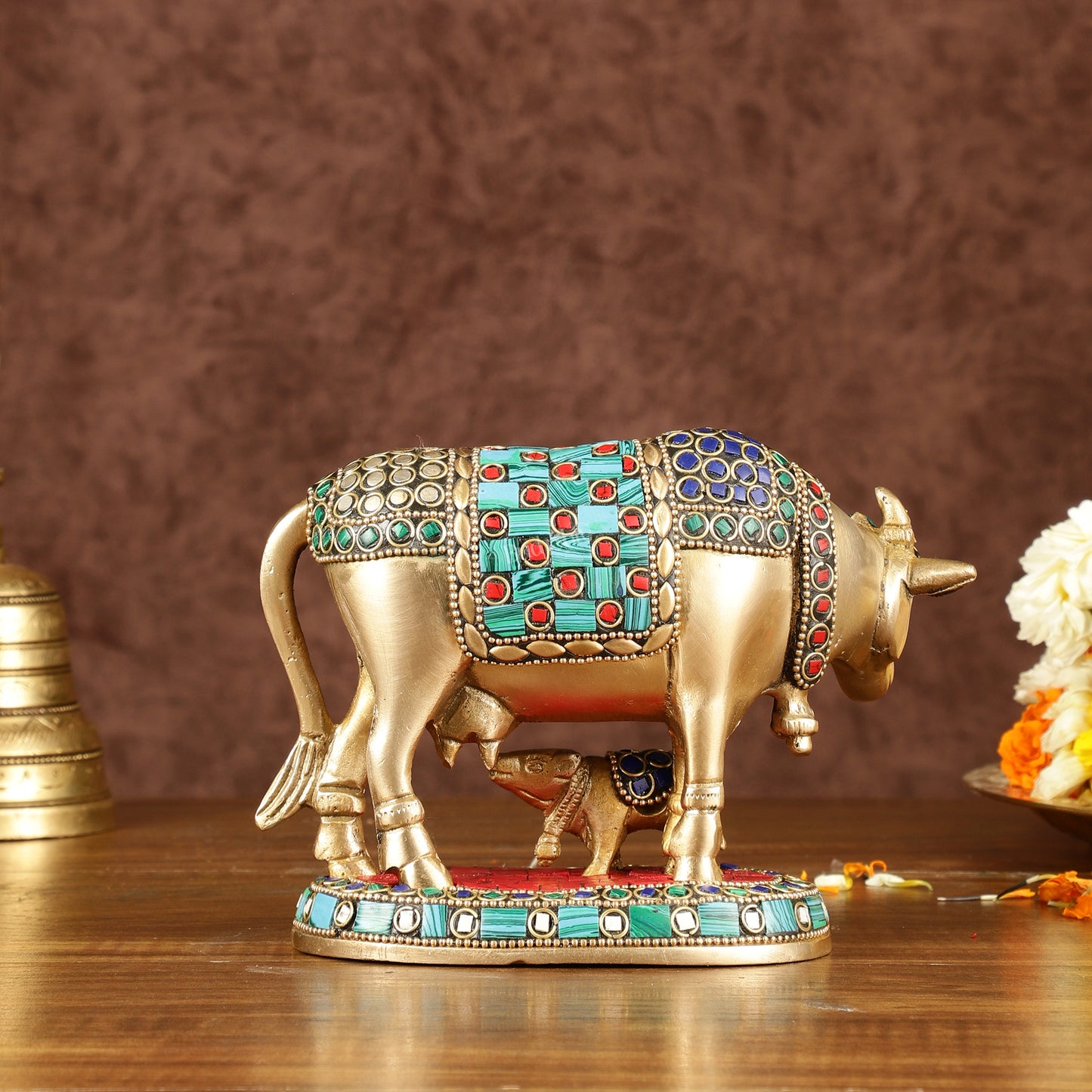 Brass Kamadhenu Cow with Calf Idol | Meenakari 6.5"