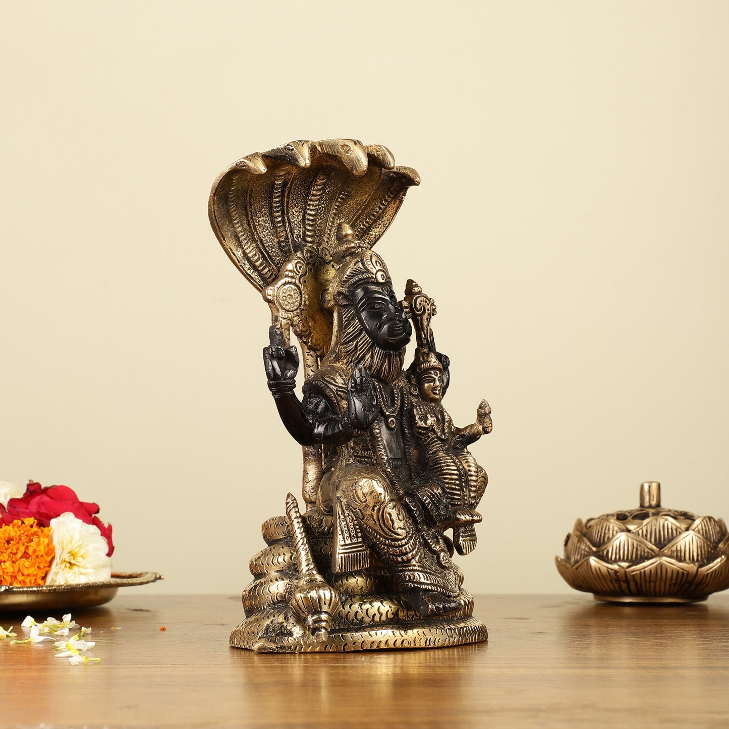 Handcrafted Pure Brass Narasimha Lakshmi Statue - 8"