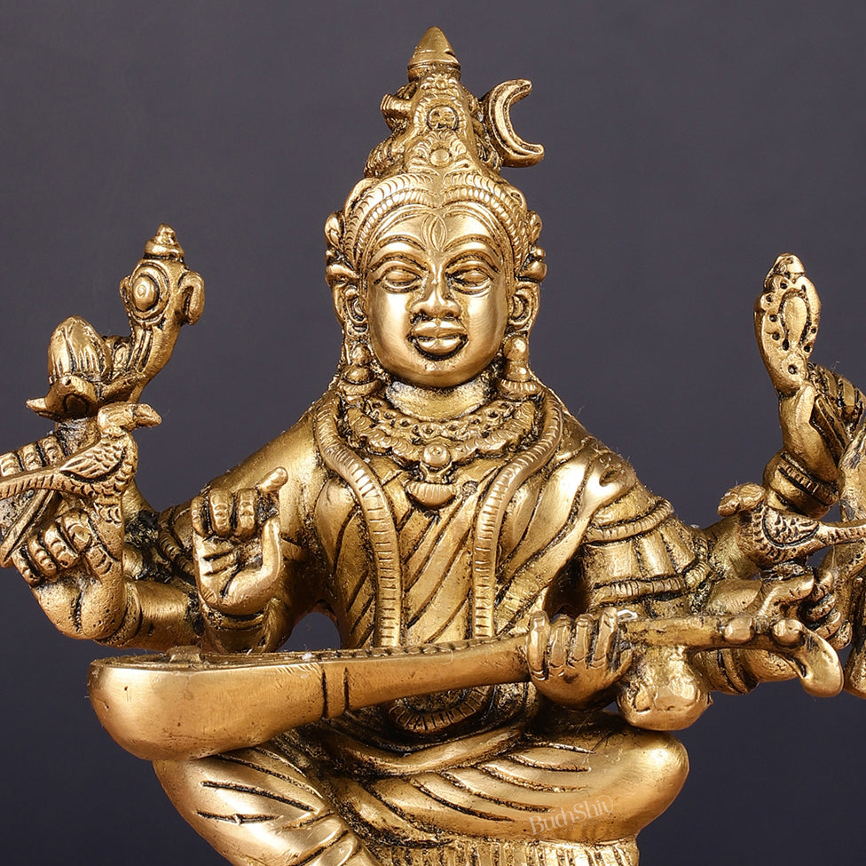 Pure Brass Raja Shyamala Devi Matangi Saraswati Idol with Eight Arms 7"