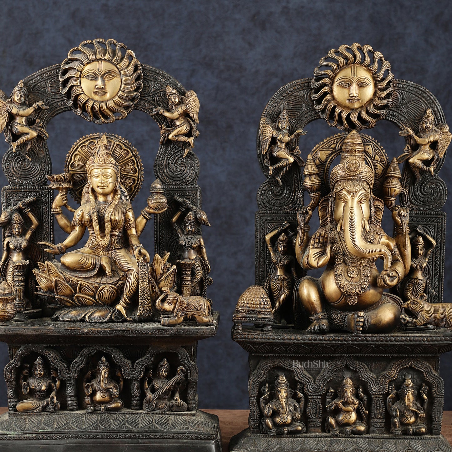 Brass Lord Ganesha and Goddess Lakshmi Statue Pair – 20" Height, Antique Chola Style, Dual-Tone Finish