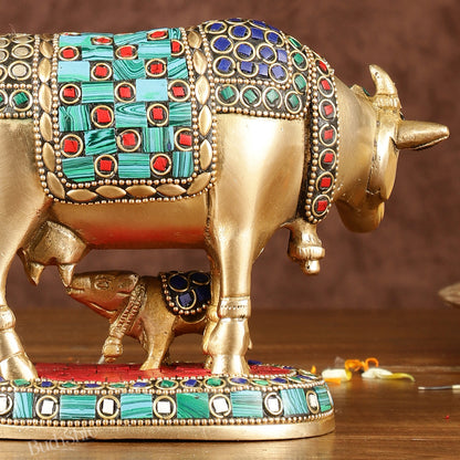 Brass Kamadhenu Cow with Calf Idol | Meenakari 6.5"