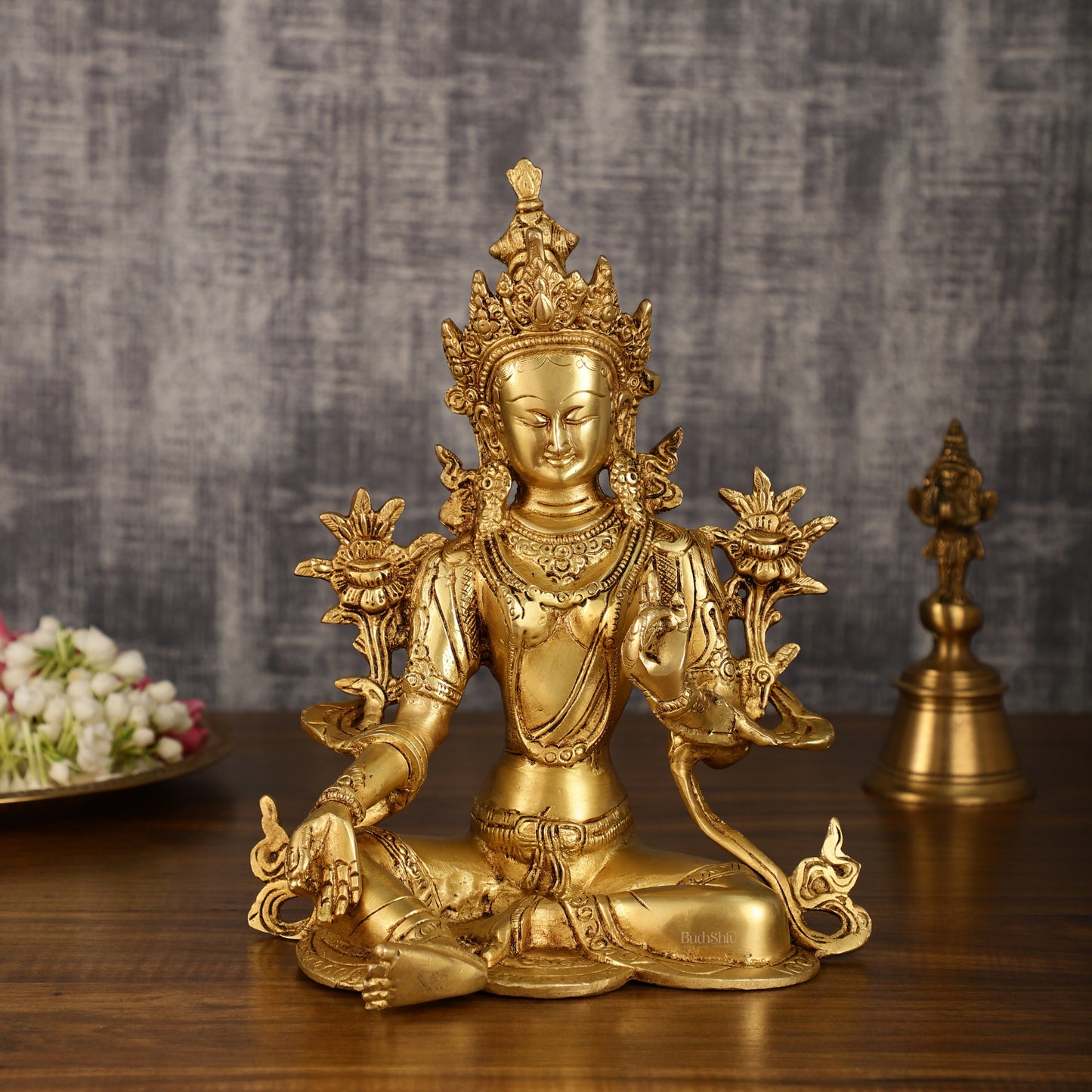 Pure Brass Green Tara Statue with Golden Hue | 10 Inch Height