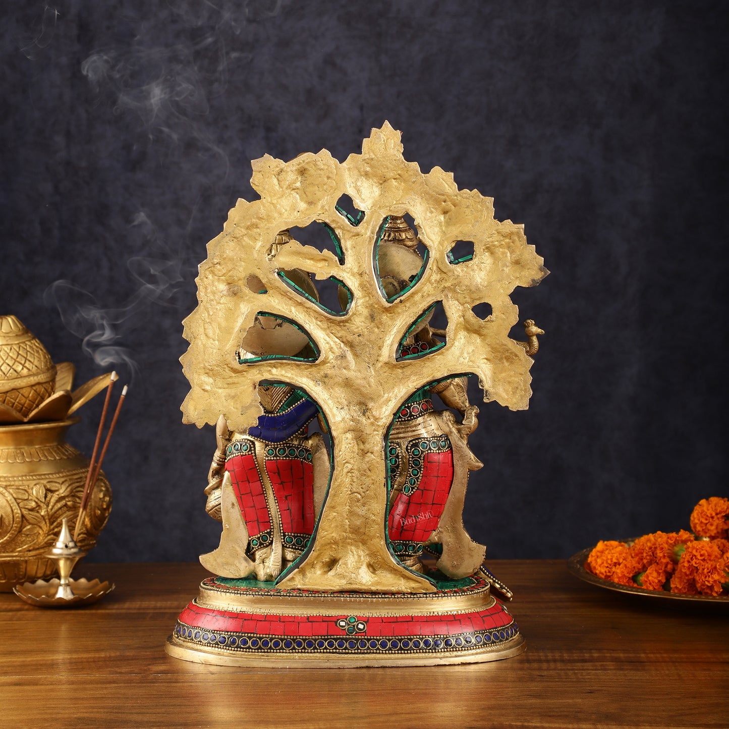 Elegant Brass Radha Krishna Idols with Kalpavriksha Tree & Peacock - 14" Meenakari Stonework