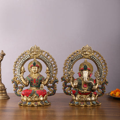 Pure Brass Ganesha and Lakshmi Idols with Meenakari Stonework 9.5"