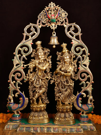 45" Contrasted Majestic Brass Radha Krishna with Peacock Temple Arch