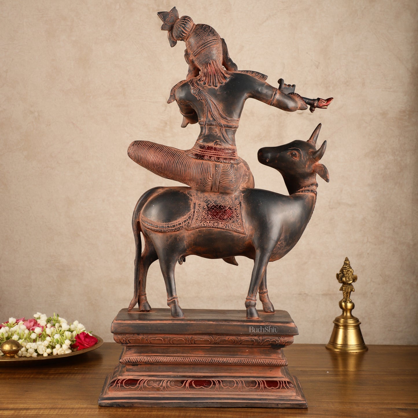 Brass Venugopal Krishna Seated on Cow Statue | 21x12.5x7.5 Inch