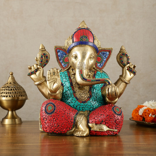 Brass Superfine Ganesha Statue with Meenakari & Stonework – 13.5 Inch