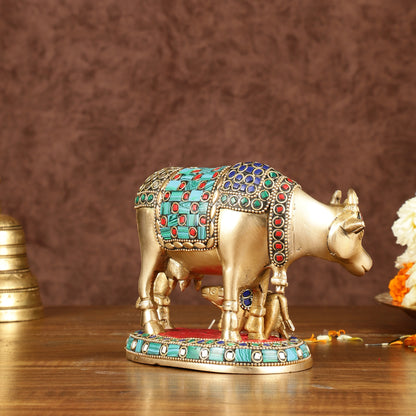 Brass Kamadhenu Cow with Calf Idol | Meenakari 6.5"