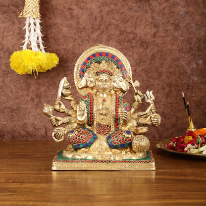 Pure Brass Superfine Panchmukhi Hanuman Blessing Statue with Multicolour Meenakari - 10"